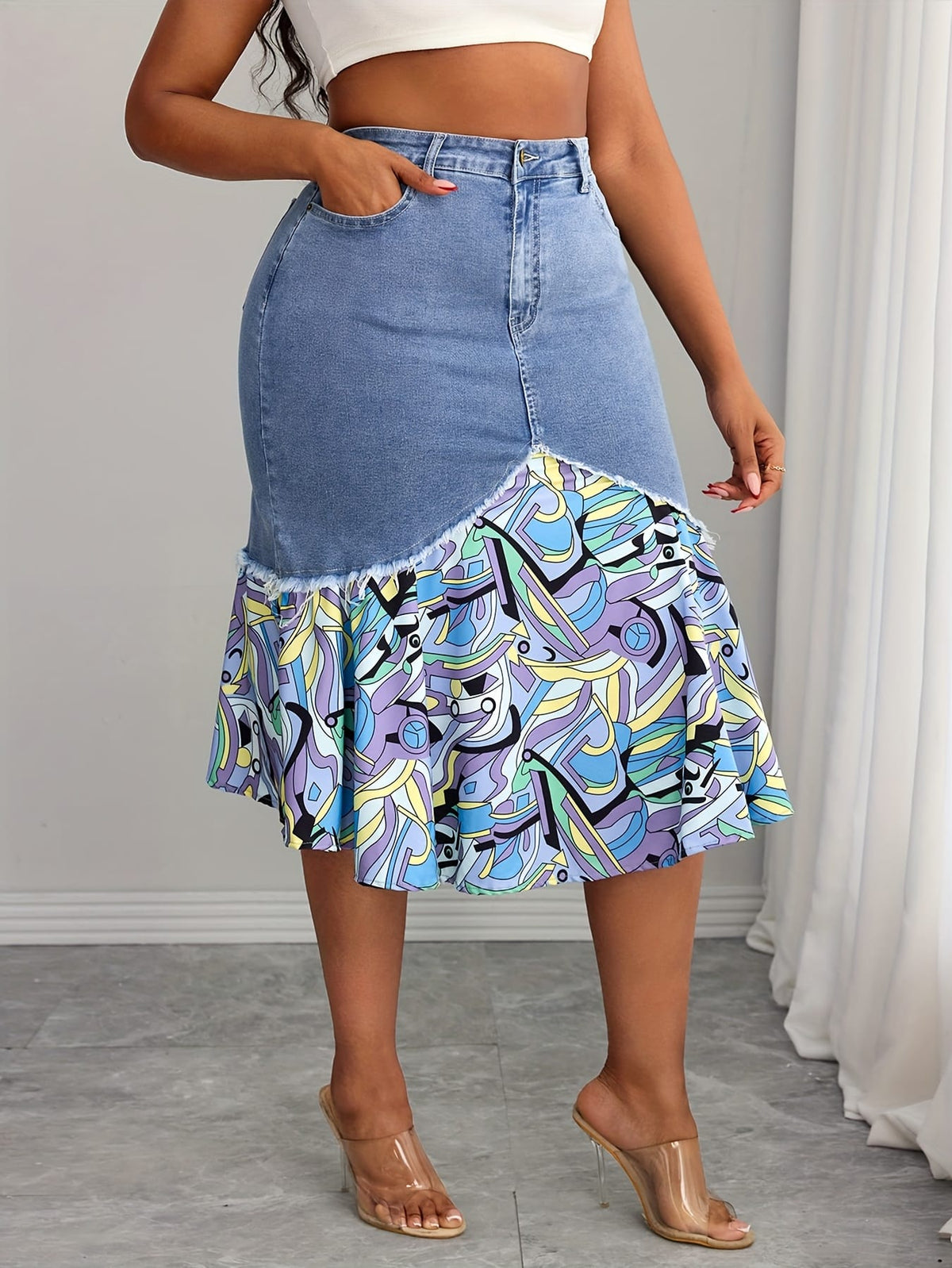 jkthpu-45 Elegant NonSeeThrough Frayed Hem MidLength Denim Skirt