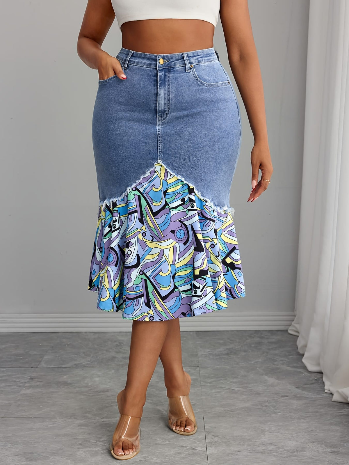 jkthpu-45 Elegant NonSeeThrough Frayed Hem MidLength Denim Skirt