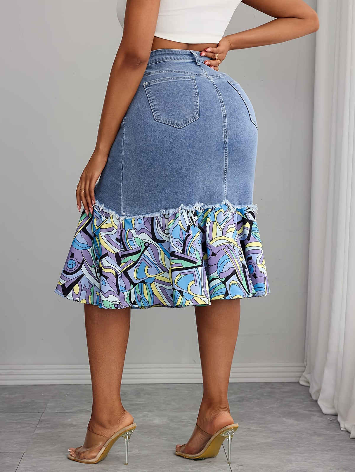 jkthpu-45 Elegant NonSeeThrough Frayed Hem MidLength Denim Skirt