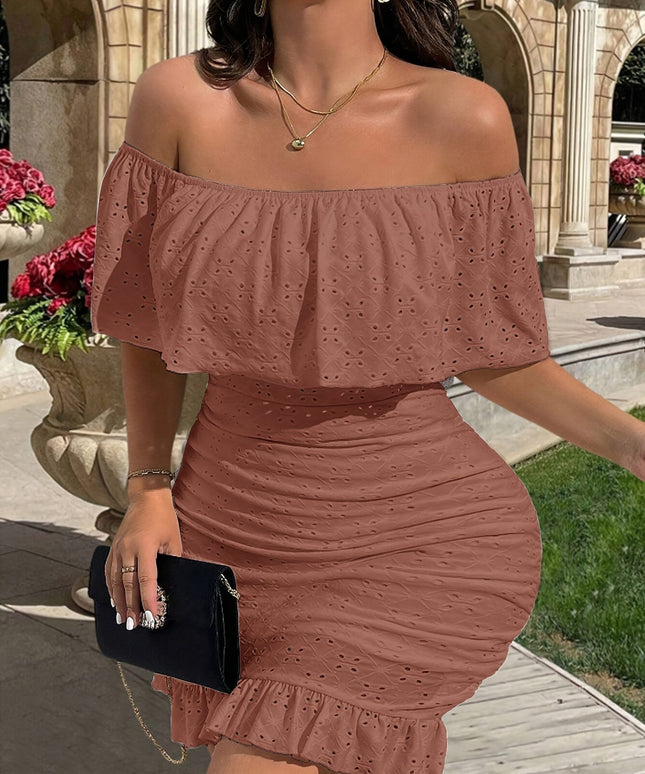 jkthpu-45 Elegant Off-Shoulder Bodycon Dress with Geometric Pattern - Stretchy Fabric, Frill Detail, All-Season Wear, Plus Size, Stylish Evening Attire|Elegant Offshoulder Style|Stretchy Dress