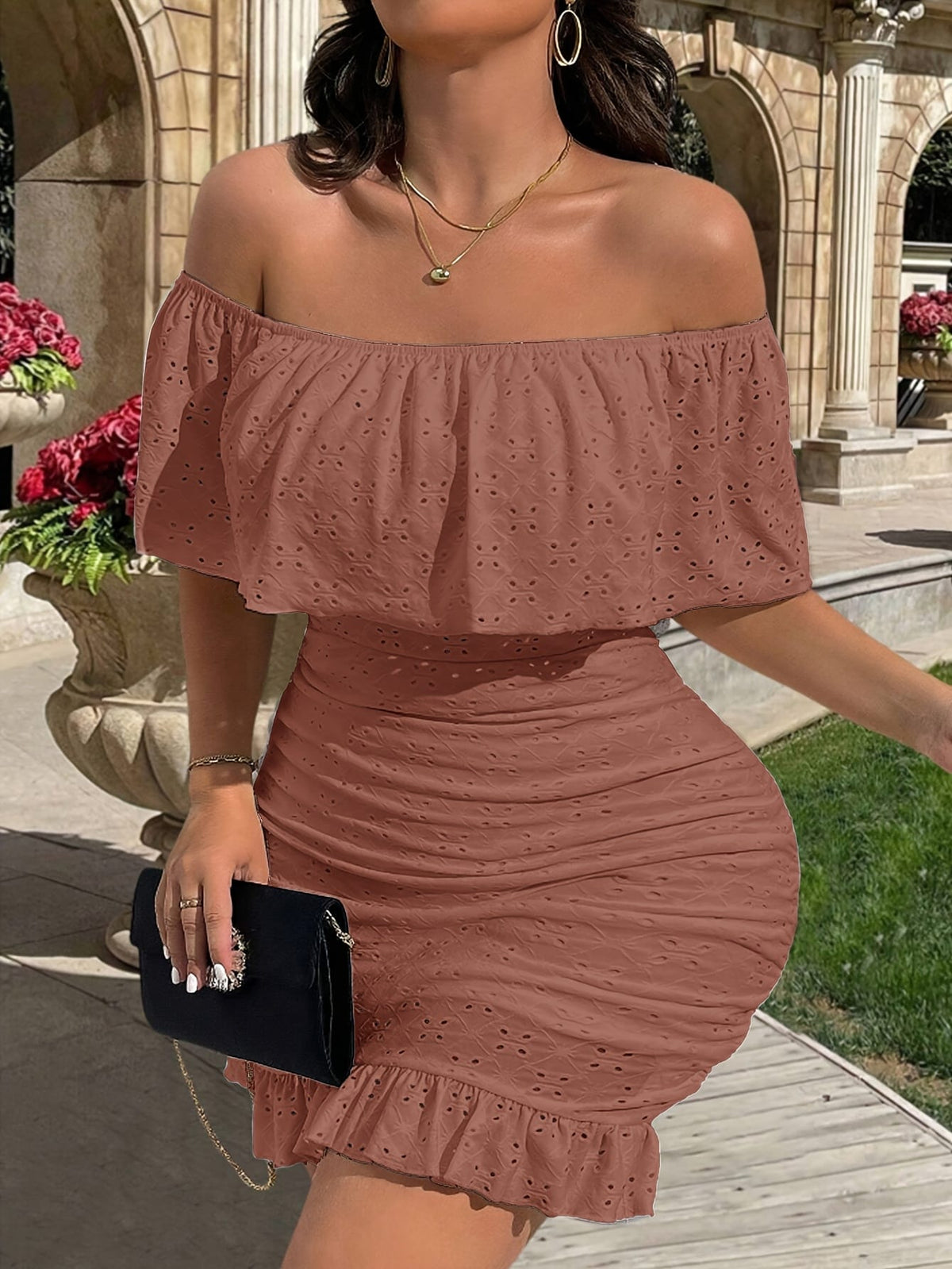 jkthpu-45 Elegant Off-Shoulder Bodycon Dress with Geometric Pattern - Stretchy Fabric, Frill Detail, All-Season Wear, Plus Size, Stylish Evening Attire|Elegant Offshoulder Style|Stretchy Dress