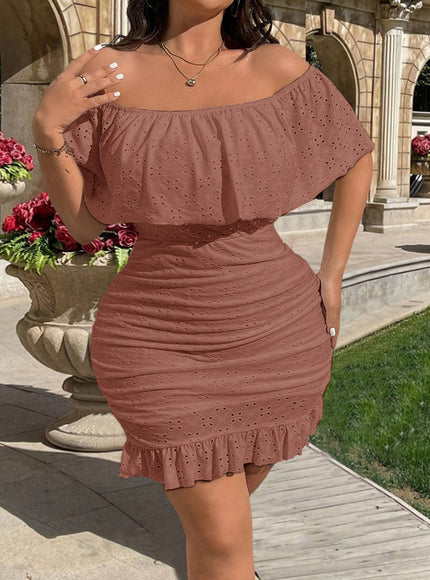 jkthpu-45 Elegant Off-Shoulder Bodycon Dress with Geometric Pattern - Stretchy Fabric, Frill Detail, All-Season Wear, Plus Size, Stylish Evening Attire|Elegant Offshoulder Style|Stretchy Dress