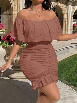 jkthpu-45 Elegant Off-Shoulder Bodycon Dress with Geometric Pattern - Stretchy Fabric, Frill Detail, All-Season Wear, Plus Size, Stylish Evening Attire|Elegant Offshoulder Style|Stretchy Dress