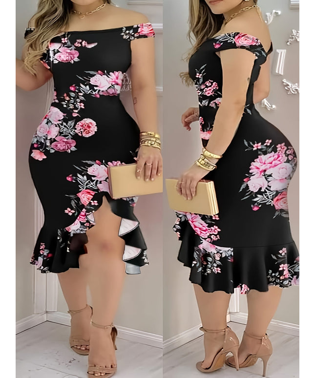 jkthpu-45 Elegant Off-Shoulder Floral Bodycon Midi Dress for Women - Plus Size, Black with Pink & White Flowers, Ruffled Hem, Perfect for Parties & Summer Event