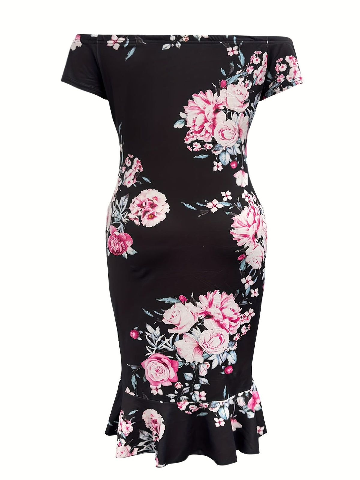 jkthpu-45 Elegant Off-Shoulder Floral Bodycon Midi Dress for Women - Plus Size, Black with Pink & White Flowers, Ruffled Hem, Perfect for Parties & Summer Event