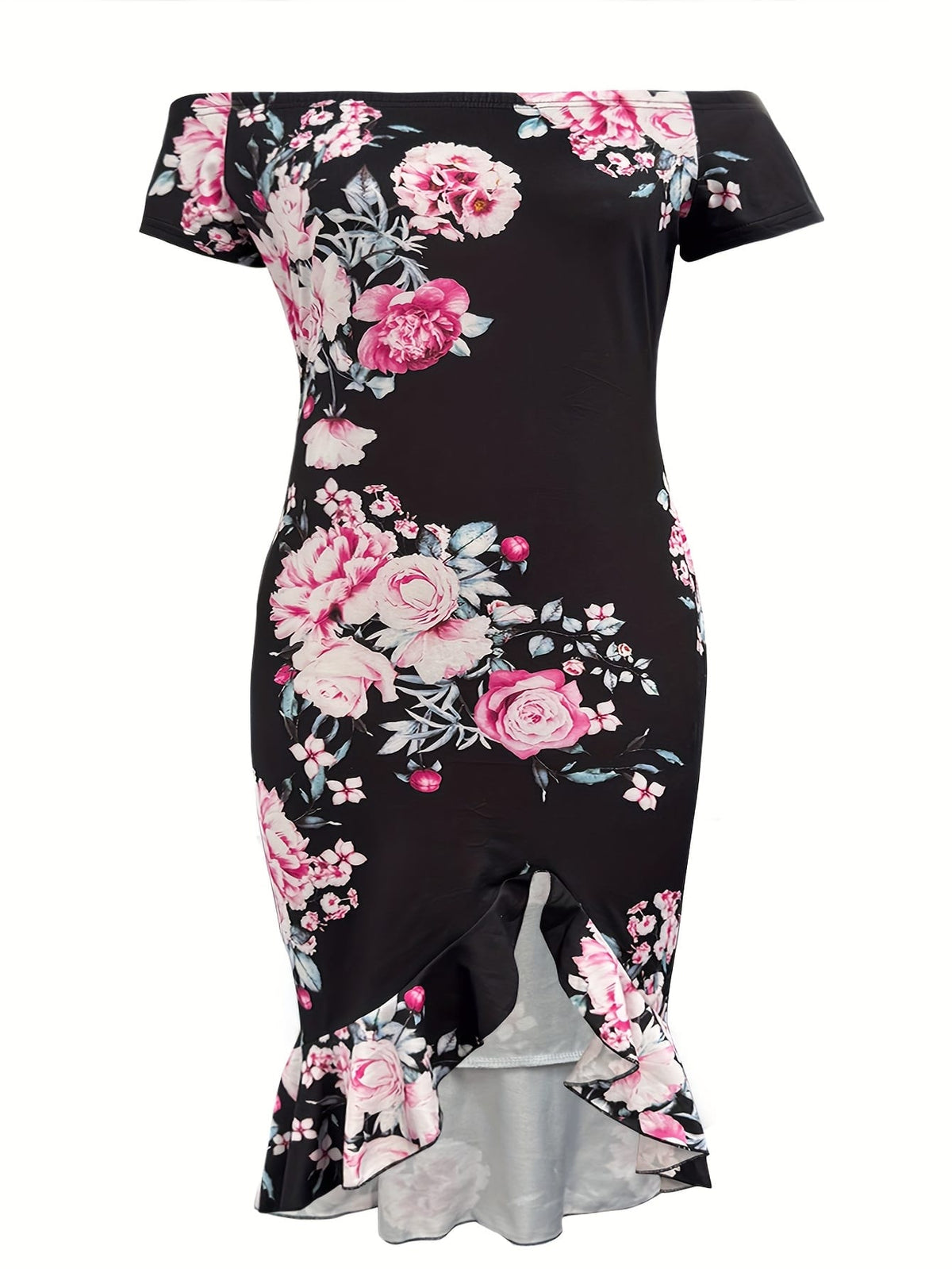 jkthpu-45 Elegant Off-Shoulder Floral Bodycon Midi Dress for Women - Plus Size, Black with Pink & White Flowers, Ruffled Hem, Perfect for Parties & Summer Event