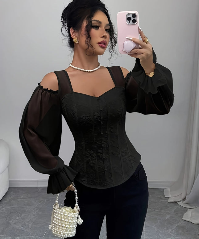 jkthpu-45 Elegant Off-Shoulder Floral Jacquard Blouse with Lantern Sleeves - Square Neck, Machine Washable, Non-Sheer - Perfect for Spring & Fall, Women's Fashion Top, Floral Print Blouse