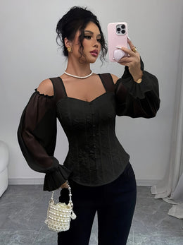 jkthpu-45 Elegant Off-Shoulder Floral Jacquard Blouse with Lantern Sleeves - Square Neck, Machine Washable, Non-Sheer - Perfect for Spring & Fall, Women's Fashion Top, Floral Print Blouse