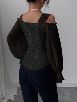 jkthpu-45 Elegant Off-Shoulder Floral Jacquard Blouse with Lantern Sleeves - Square Neck, Machine Washable, Non-Sheer - Perfect for Spring & Fall, Women's Fashion Top, Floral Print Blouse