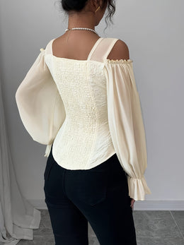 jkthpu-45 Elegant Off-Shoulder Floral Jacquard Blouse with Lantern Sleeves - Square Neck, Machine Washable, Non-Sheer - Perfect for Spring & Fall, Women's Fashion Top, Floral Print Blouse
