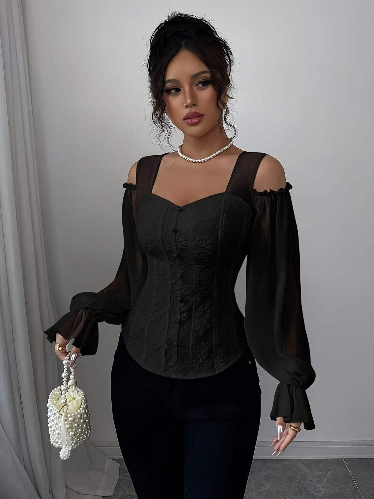 jkthpu-45 Elegant Off-Shoulder Floral Jacquard Blouse with Lantern Sleeves - Square Neck, Machine Washable, Non-Sheer - Perfect for Spring & Fall, Women's Fashion Top, Floral Print Blouse