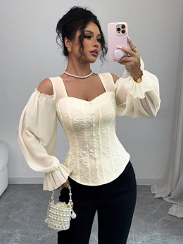 jkthpu-45 Elegant Off-Shoulder Floral Jacquard Blouse with Lantern Sleeves - Square Neck, Machine Washable, Non-Sheer - Perfect for Spring & Fall, Women's Fashion Top, Floral Print Blouse