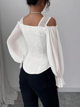 jkthpu-45 Elegant Off-Shoulder Floral Jacquard Blouse with Lantern Sleeves - Square Neck, Machine Washable, Non-Sheer - Perfect for Spring & Fall, Women's Fashion Top, Floral Print Blouse