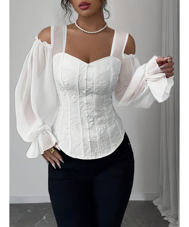 jkthpu-45 Elegant Off-Shoulder Floral Jacquard Blouse with Lantern Sleeves - Square Neck, Machine Washable, Non-Sheer - Perfect for Spring & Fall, Women's Fashion Top, Floral Print Blouse