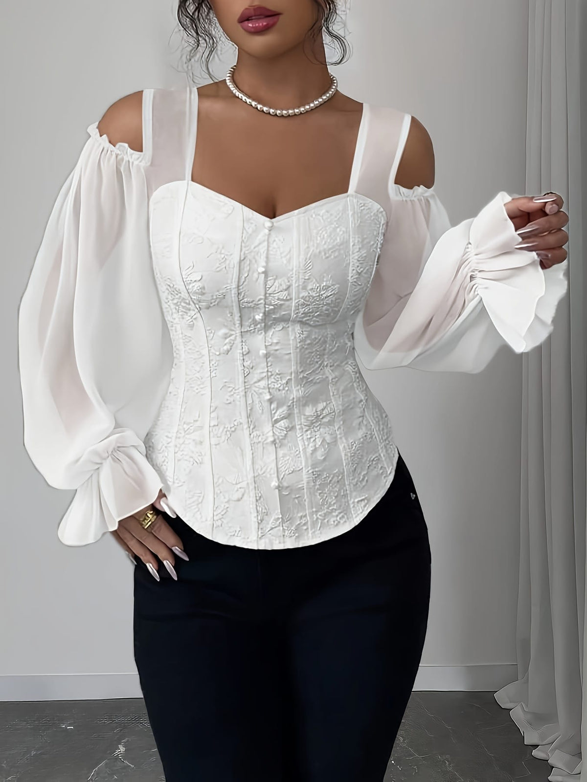 jkthpu-45 Elegant Off-Shoulder Floral Jacquard Blouse with Lantern Sleeves - Square Neck, Machine Washable, Non-Sheer - Perfect for Spring & Fall, Women's Fashion Top, Floral Print Blouse