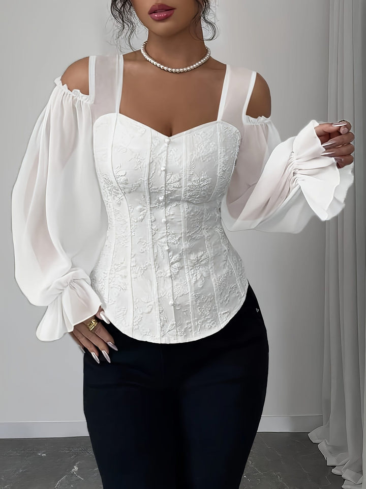 Elegant Off-Shoulder Floral Jacquard Blouse with Lantern Sleeves - Square Neck, Machine Washable, Non-Sheer - Perfect for Spring & Fall, Women's Fashion Top, Floral Print Blouse
