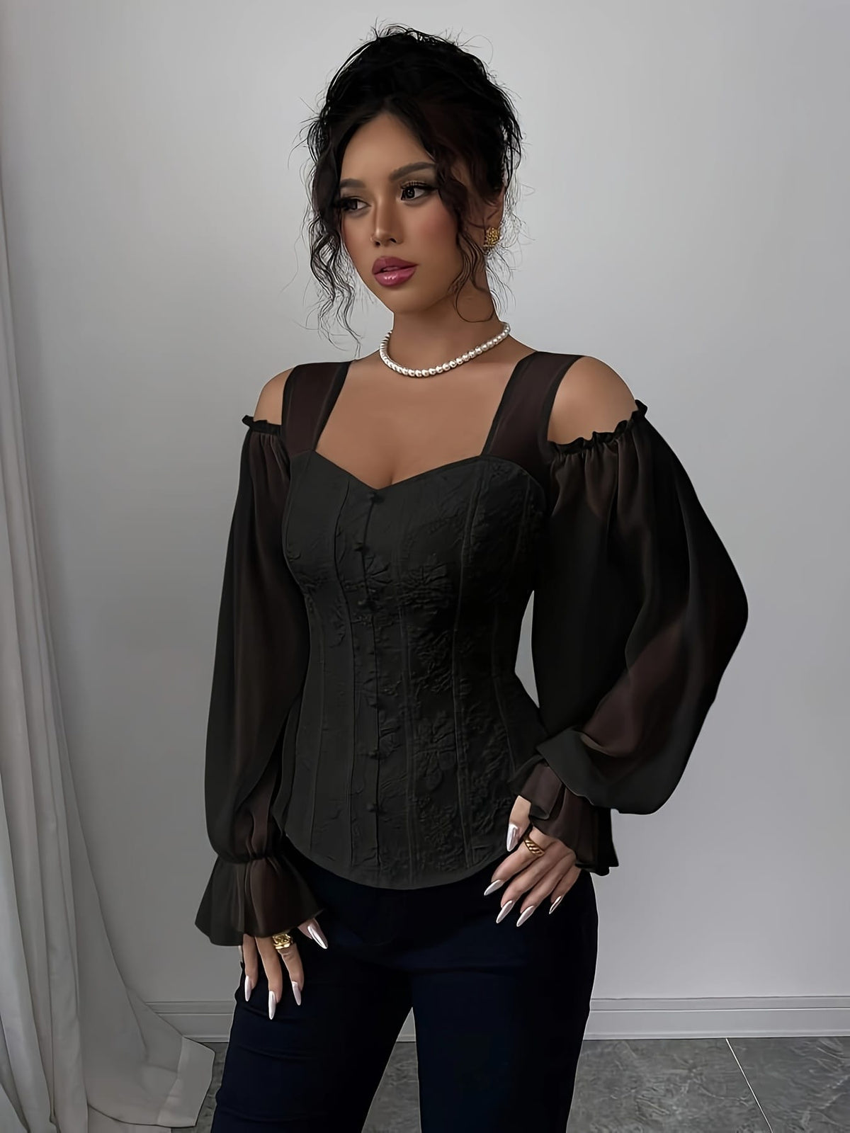 jkthpu-45 Elegant Off-Shoulder Floral Jacquard Blouse with Lantern Sleeves - Square Neck, Machine Washable, Non-Sheer - Perfect for Spring & Fall, Women's Fashion Top, Floral Print Blouse