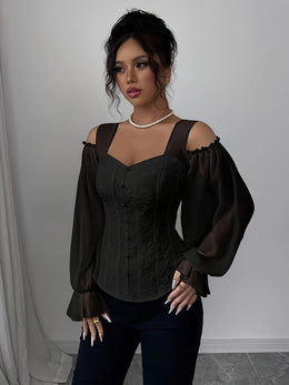 jkthpu-45 Elegant Off-Shoulder Floral Jacquard Blouse with Lantern Sleeves - Square Neck, Machine Washable, Non-Sheer - Perfect for Spring & Fall, Women's Fashion Top, Floral Print Blouse