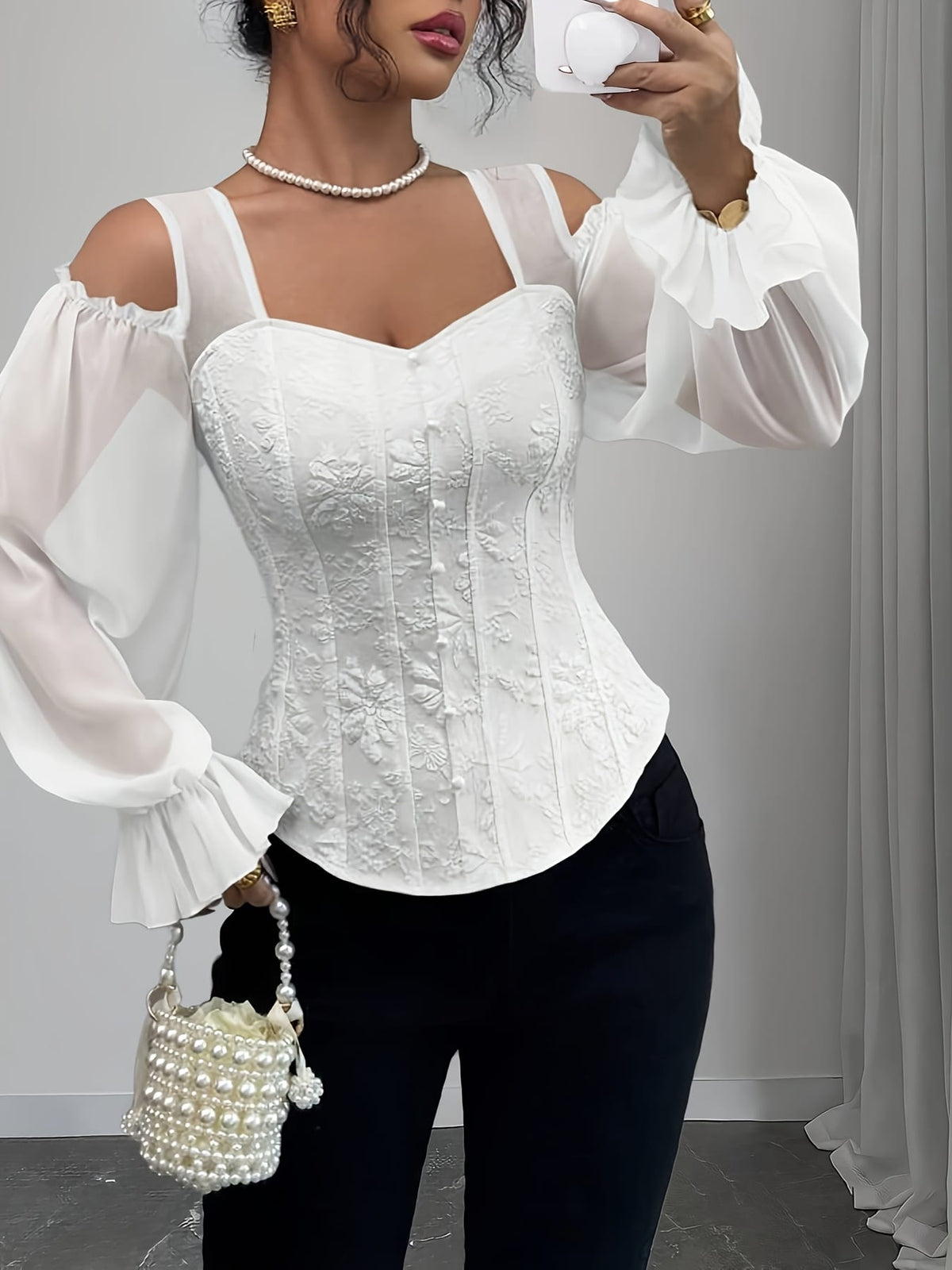 jkthpu-45 Elegant Off-Shoulder Floral Jacquard Blouse with Lantern Sleeves - Square Neck, Machine Washable, Non-Sheer - Perfect for Spring & Fall, Women's Fashion Top, Floral Print Blouse