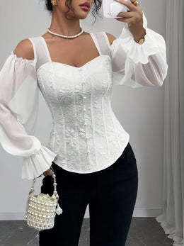 jkthpu-45 Elegant Off-Shoulder Floral Jacquard Blouse with Lantern Sleeves - Square Neck, Machine Washable, Non-Sheer - Perfect for Spring & Fall, Women's Fashion Top, Floral Print Blouse