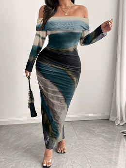 jkthpu-45 Elegant Off-Shoulder Mesh Print Maxi Dress with High-Low Hem - Stretchy, Semi-Sheer Polyester Blend, Green/Black/White/Blue Abstract Design, Perfect for Spring/Summer/Fall, Cute Dress
