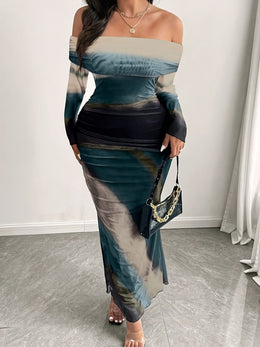 jkthpu-45 Elegant Off-Shoulder Mesh Print Maxi Dress with High-Low Hem - Stretchy, Semi-Sheer Polyester Blend, Green/Black/White/Blue Abstract Design, Perfect for Spring/Summer/Fall, Cute Dress