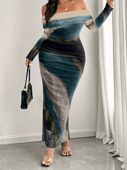 jkthpu-45 Elegant Off-Shoulder Mesh Print Maxi Dress with High-Low Hem - Stretchy, Semi-Sheer Polyester Blend, Green/Black/White/Blue Abstract Design, Perfect for Spring/Summer/Fall, Cute Dress