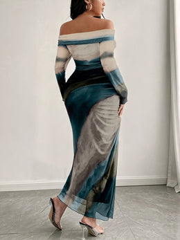 jkthpu-45 Elegant Off-Shoulder Mesh Print Maxi Dress with High-Low Hem - Stretchy, Semi-Sheer Polyester Blend, Green/Black/White/Blue Abstract Design, Perfect for Spring/Summer/Fall, Cute Dress