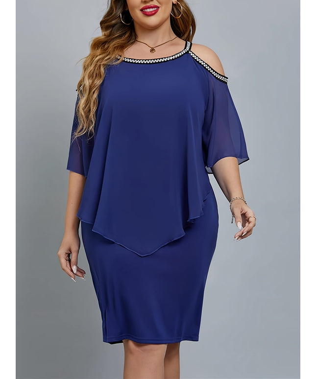 jkthpu-45 Elegant Off-Shoulder Navy Blue Midi Dress for Women - Solid Color, Layered Half Sleeve, Stretchy Polyester with Sheer Shoulder Detail, Perfect for Spring & Summer Casual Wear, Elegant Party Attire | Elegant Offshoulder Dress | Subtle Sheen Finish, Cute Dr