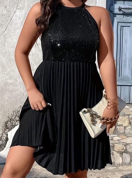 jkthpu-45 Elegant Off-Shoulder Sequin Pleated Dress for Women - Stylish Solid Color Sleeveless A-Line Party Dress with Glitter Detail, Black Polyester Blend, Perfect for Casual or Evening Wear