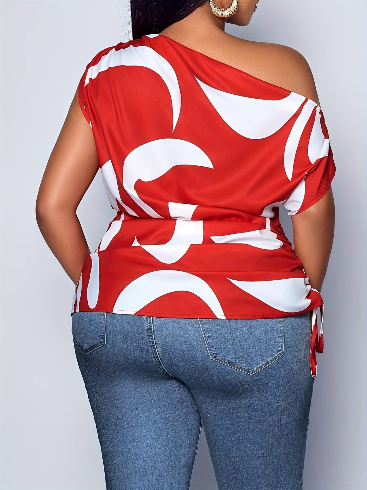 jkthpu-45 Elegant OffShoulder Batwing Tee Red White Abstract