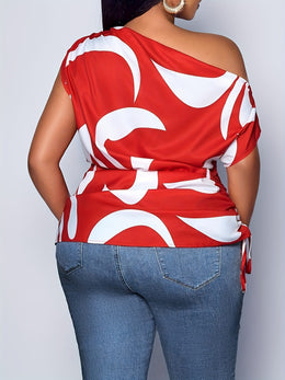 jkthpu-45 Elegant OffShoulder Batwing Tee Red White Abstract
