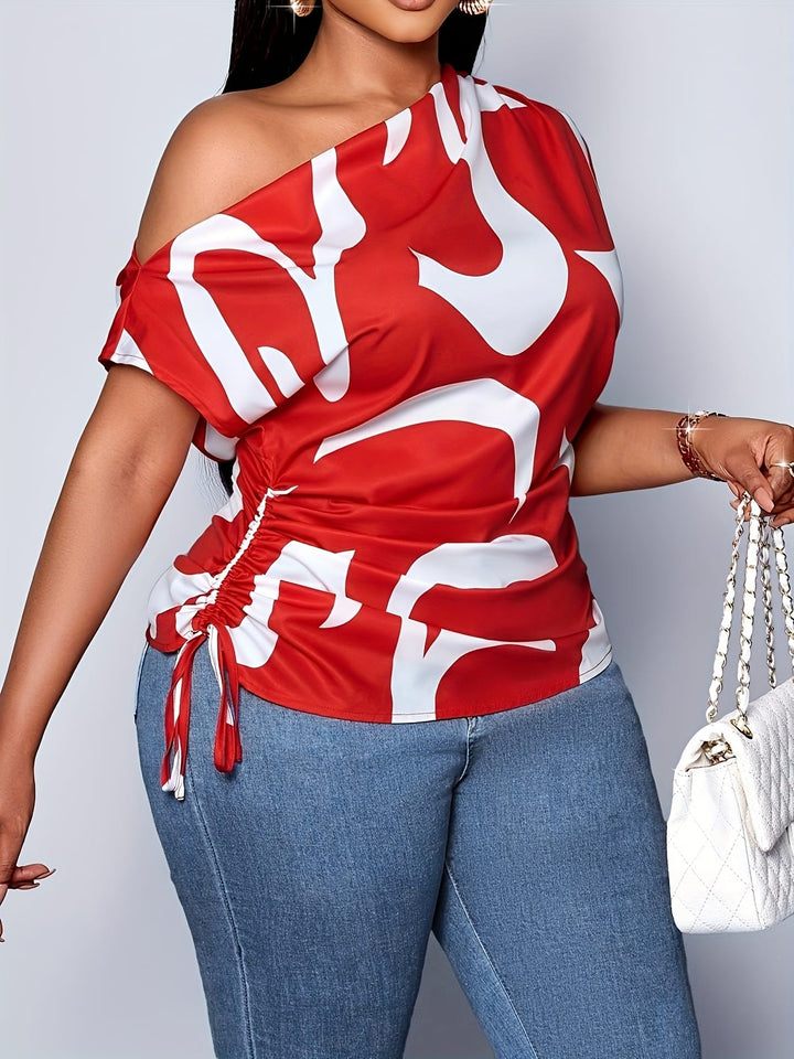 Elegant OffShoulder Batwing Tee Red White Abstract