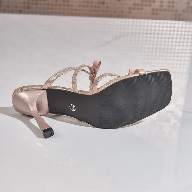 KissICON Elegant Pink High Heels Sandals Women Bowtie Shiny