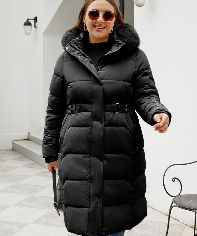 jkthpu-45 Elegant Plus Size Belted Hooded Winter Coat