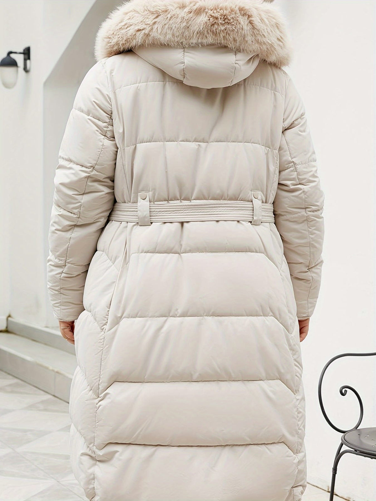 jkthpu-45 Elegant Plus Size Belted Hooded Winter Coat