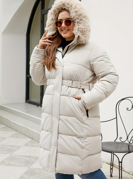 jkthpu-45 Elegant Plus Size Belted Hooded Winter Coat