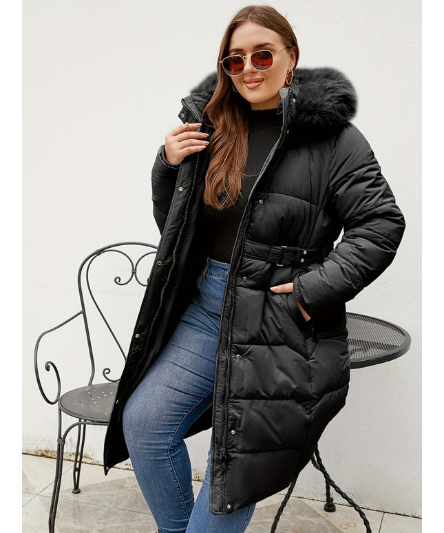 jkthpu-45 Elegant Plus Size Belted Hooded Winter Coat