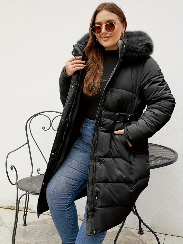Elegant Plus Size Belted Hooded Winter Coat