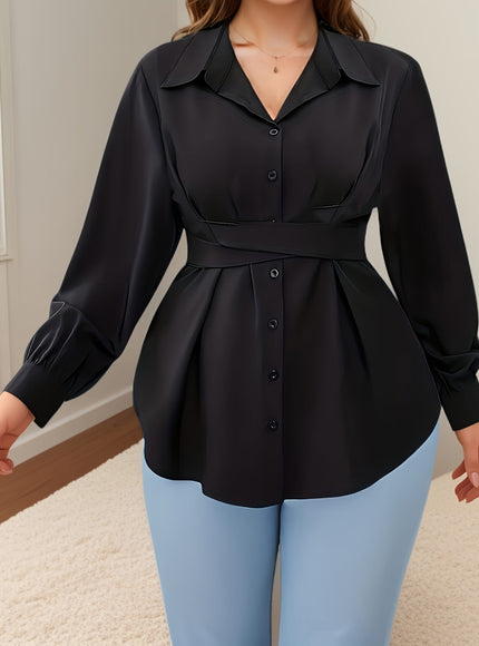 KissICON Elegant Plus-Size Black Blouse with Cross Waist Detail - Long Sleeve, Button-Up, Square Collar, Non-Stretch Polyester - Perfect for Spring & Fall, Machine Washable