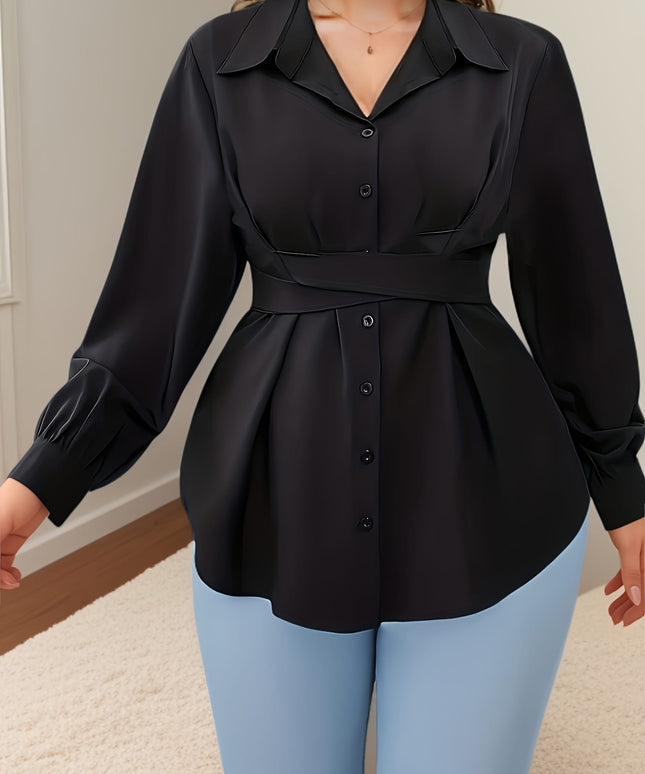 KissICON Elegant Plus-Size Black Blouse with Cross Waist Detail - Long Sleeve, Button-Up, Square Collar, Non-Stretch Polyester - Perfect for Spring & Fall, Machine Washable