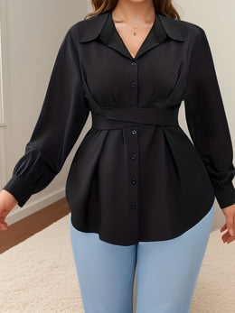 KissICON Elegant Plus-Size Black Blouse with Cross Waist Detail - Long Sleeve, Button-Up, Square Collar, Non-Stretch Polyester - Perfect for Spring & Fall, Machine Washable