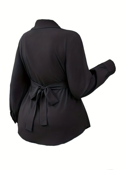 KissICON Elegant Plus-Size Black Blouse with Cross Waist Detail - Long Sleeve, Button-Up, Square Collar, Non-Stretch Polyester - Perfect for Spring & Fall, Machine Washable