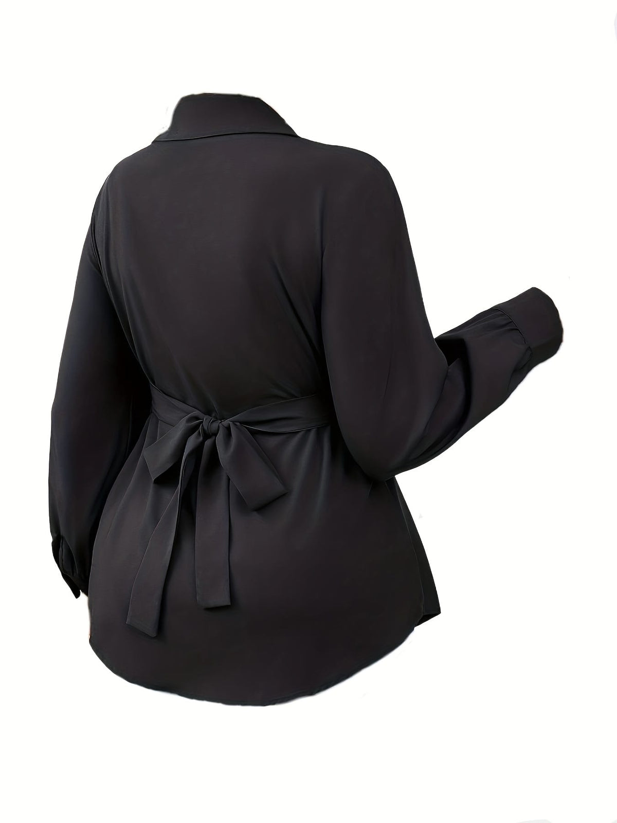 KissICON Elegant Plus-Size Black Blouse with Cross Waist Detail - Long Sleeve, Button-Up, Square Collar, Non-Stretch Polyester - Perfect for Spring & Fall, Machine Washable