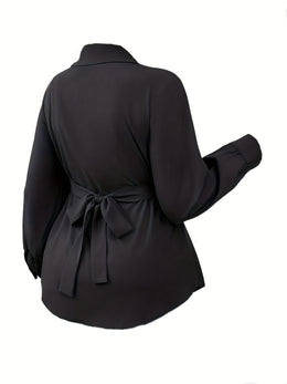 KissICON Elegant Plus-Size Black Blouse with Cross Waist Detail - Long Sleeve, Button-Up, Square Collar, Non-Stretch Polyester - Perfect for Spring & Fall, Machine Washable