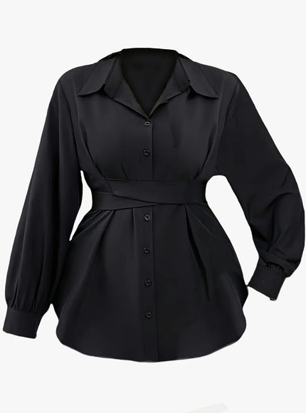 KissICON Elegant Plus-Size Black Blouse with Cross Waist Detail - Long Sleeve, Button-Up, Square Collar, Non-Stretch Polyester - Perfect for Spring & Fall, Machine Washable