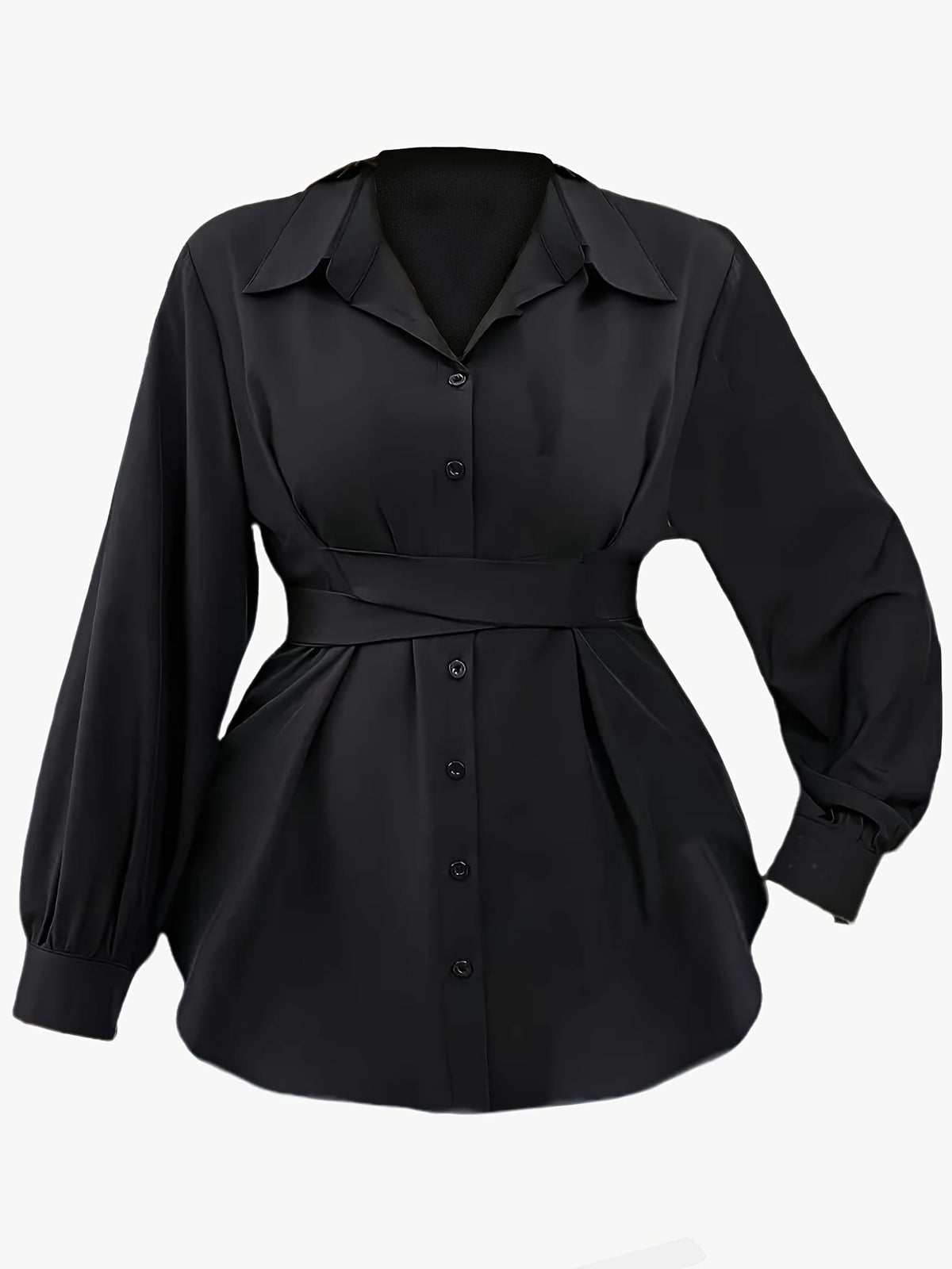 KissICON Elegant Plus-Size Black Blouse with Cross Waist Detail - Long Sleeve, Button-Up, Square Collar, Non-Stretch Polyester - Perfect for Spring & Fall, Machine Washable