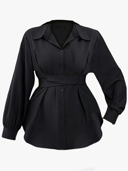 KissICON Elegant Plus-Size Black Blouse with Cross Waist Detail - Long Sleeve, Button-Up, Square Collar, Non-Stretch Polyester - Perfect for Spring & Fall, Machine Washable