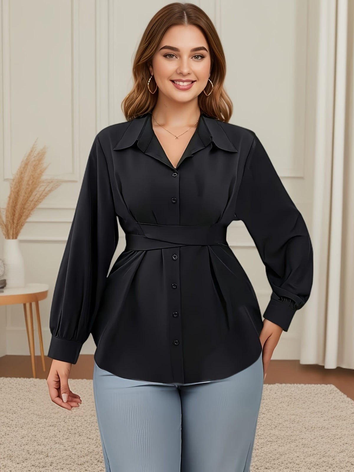 KissICON Elegant Plus-Size Black Blouse with Cross Waist Detail - Long Sleeve, Button-Up, Square Collar, Non-Stretch Polyester - Perfect for Spring & Fall, Machine Washable