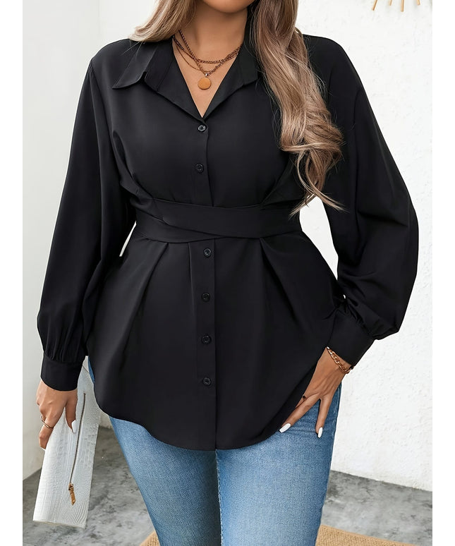 KissICON Elegant Plus-Size Black Blouse with Cross Waist Detail - Long Sleeve, Button-Up, Square Collar, Non-Stretch Polyester - Perfect for Spring & Fall, Machine Washable